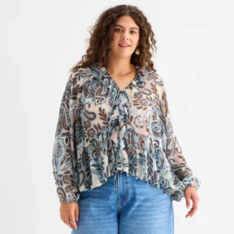 a.n.a Womens Plus Split Tie Neck Long Sleeve Blouse