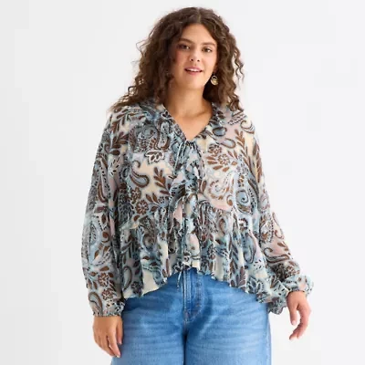 a.n.a Womens Plus Split Tie Neck Long Sleeve Blouse