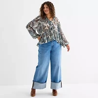 a.n.a Womens Plus Split Tie Neck Long Sleeve Blouse