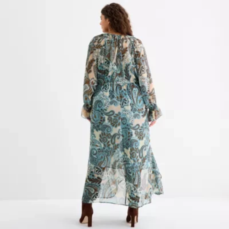 a.n.a Womens Plus Long Sleeve Paisley Peasant Dress