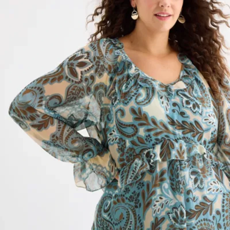 a.n.a Womens Long Sleeve Paisley Peasant Dress Plus