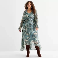 a.n.a Womens Long Sleeve Paisley Peasant Dress Plus