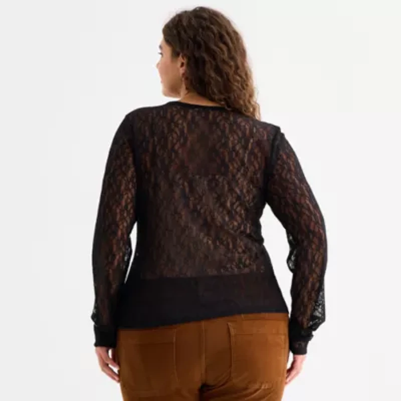 a.n.a Womens Round Neck Long Sleeve Plus T-Shirt