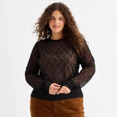 a.n.a Womens Round Neck Long Sleeve Plus T-Shirt