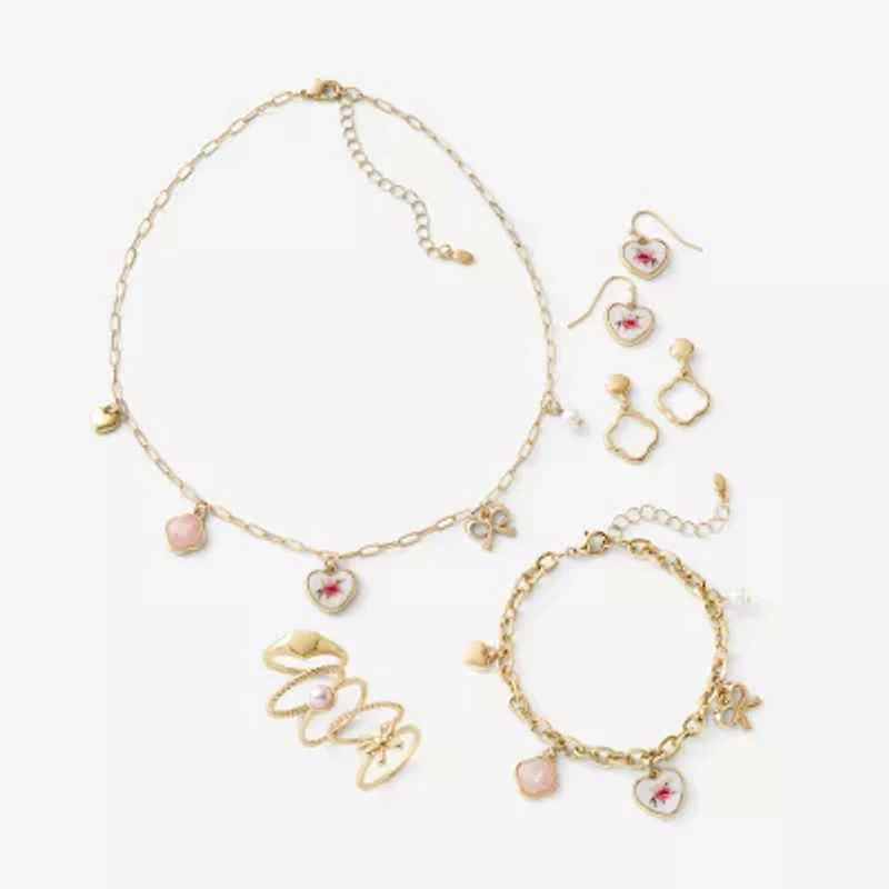 Bijoux Bar Delicates Gold Tone Womens Simulated Pearl Bow Clover Flower Charm Bracelet