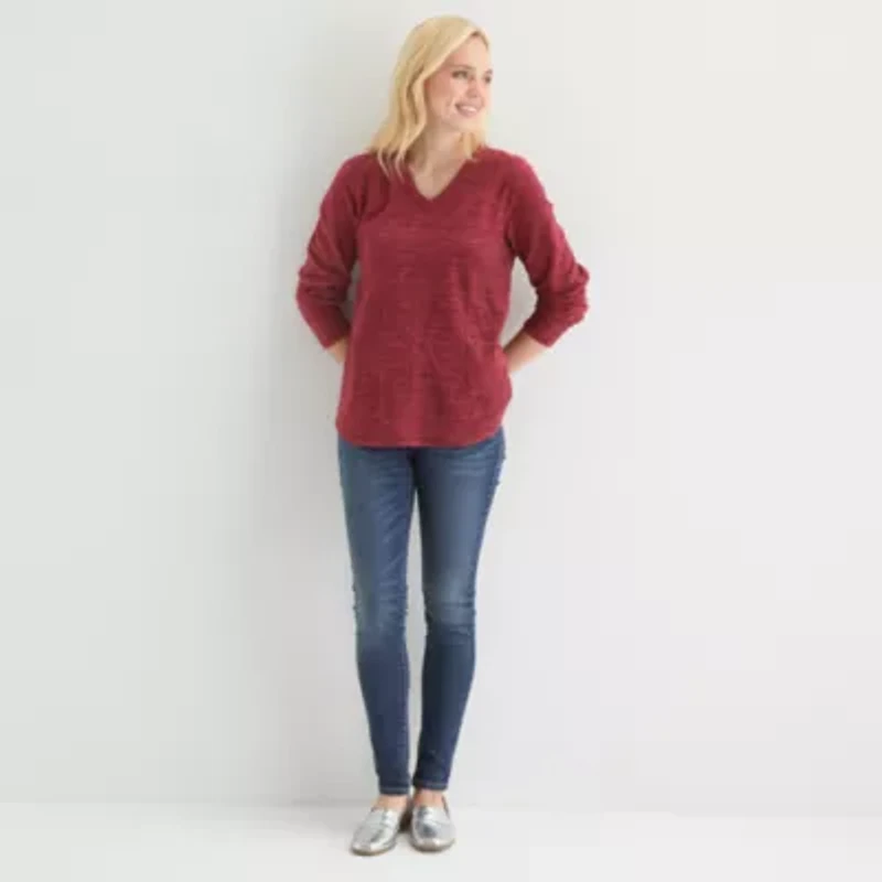 St. John's Bay Womens V Neck Polar Fleece Long Sleeve Sweatshirt