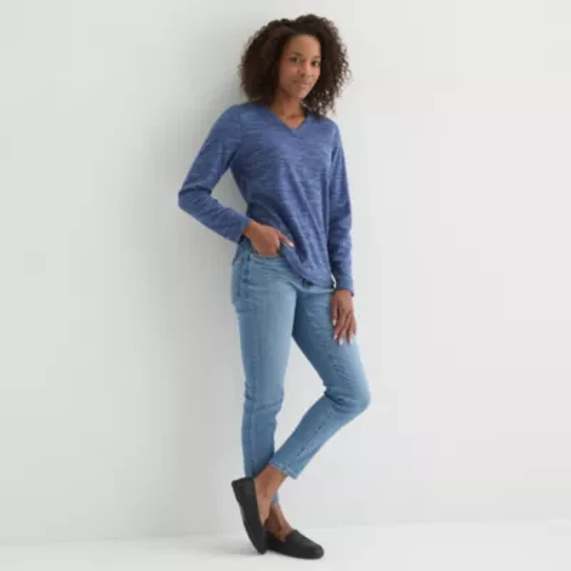 St. John's Bay Womens V Neck Polar Fleece Long Sleeve Sweatshirt