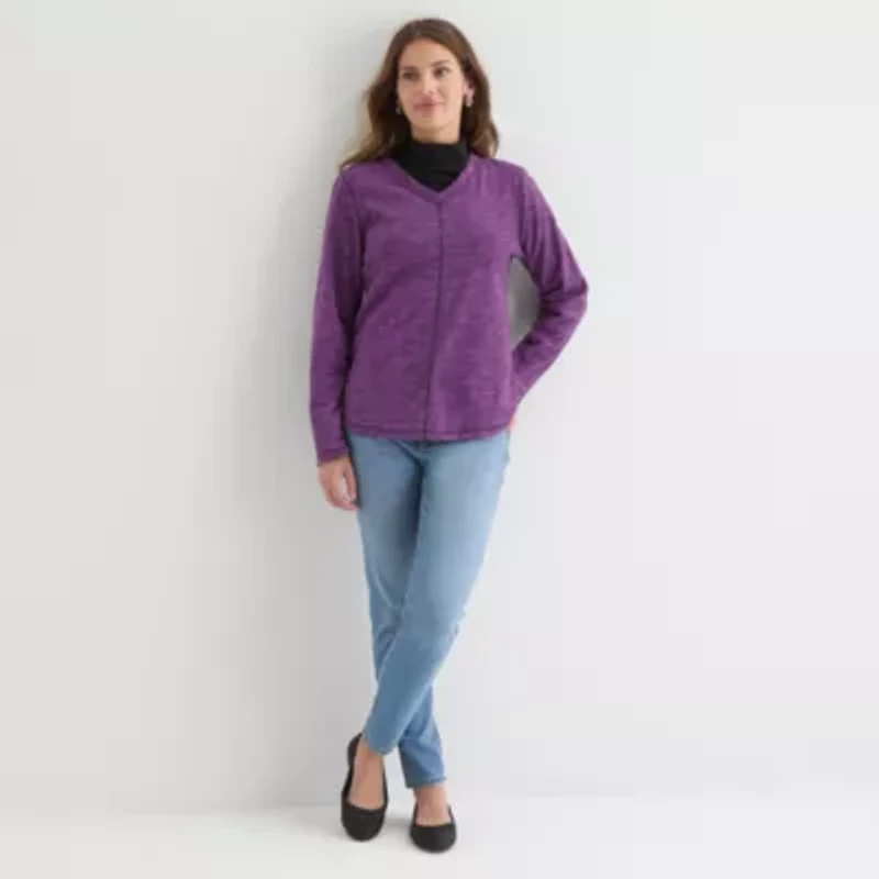 St. John's Bay Womens V Neck Polar Fleece Long Sleeve Sweatshirt