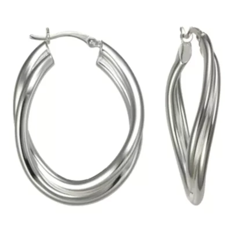 Sterling Silver Double Wave Oval Hoop Earrings