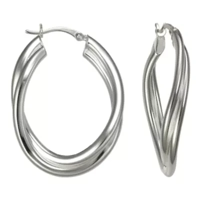 Sterling Silver Double Wave Oval Hoop Earrings
