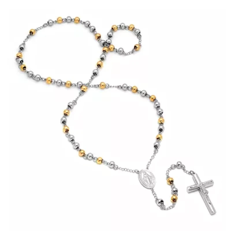 Two-Tone Stainless Steel Cross Rosary Necklace