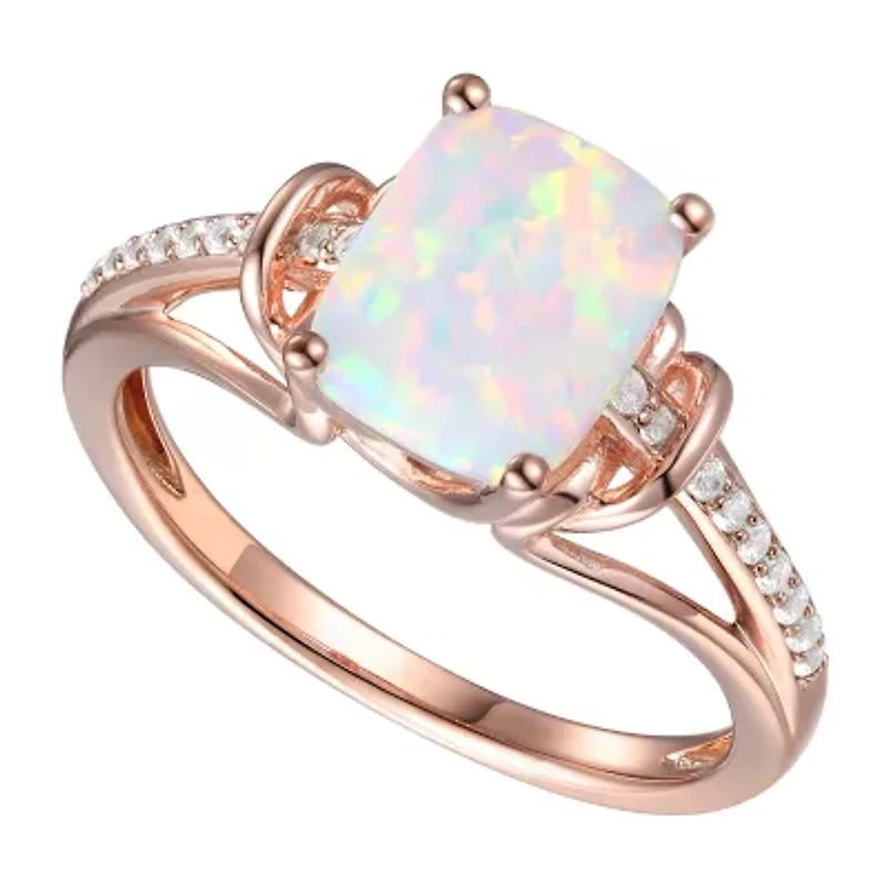 Womens Lab Created White Opal 14K Rose Gold Over Silver Halo Cocktail Ring