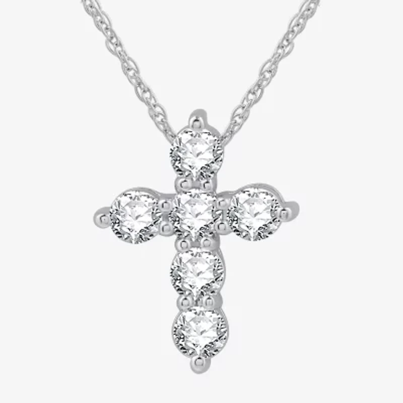 (G / Si1-Si2) Womens 1 CT. T.W. Lab Grown White Diamond 10K White Gold Cross 18 Inch Pendant Necklace