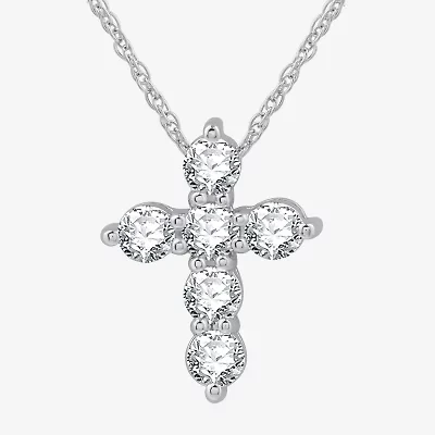 (G / Si1-Si2) Womens 1 CT. T.W. Lab Grown White Diamond 10K White Gold Cross 18 Inch Pendant Necklace