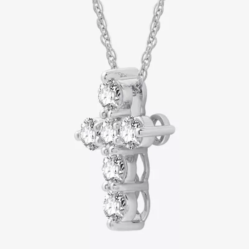 (G / Si1-Si2) Womens 1 CT. T.W. Lab Grown White Diamond 10K White Gold Cross 18 Inch Pendant Necklace