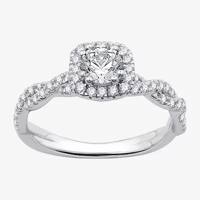 (G / Si1-Si2) Womens 1 CT. T.W. Lab Grown White Diamond 10K Gold Cushion Side Stone Halo Engagement Ring