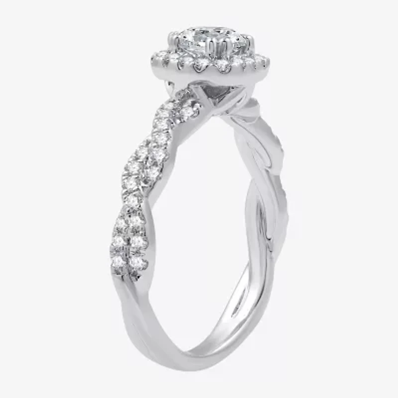 (G / Si1-Si2) Womens 1 CT. T.W. Lab Grown White Diamond 10K Gold Cushion Side Stone Halo Engagement Ring
