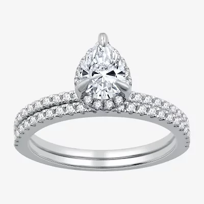 I Said Yes (G / Si1-Si2) Womens 1 CT. T.W. Lab Grown White Diamond Sterling Silver Pear Side Stone Halo Bridal Set