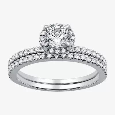 I Said Yes (G / Si1-Si2) Womens 1 CT. T.W. Lab Grown White Diamond Sterling Silver Round Side Stone Halo Bridal Set