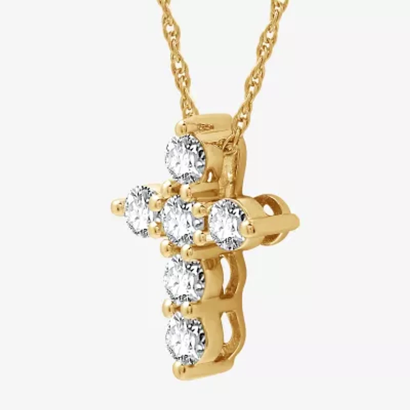 Womens 1/2 CT. T.W. Lab Grown White Diamond Sterling Silver Or 14K Gold Over Cross Pendant Necklace