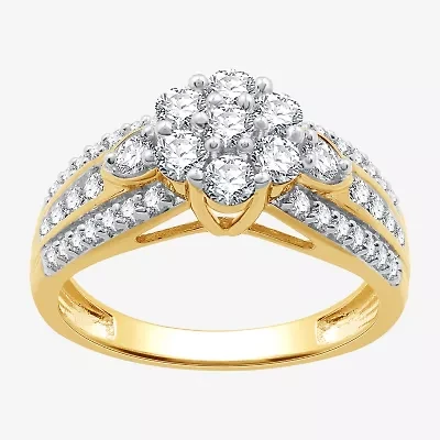 Womens 1 CT. T.W. Lab Grown White Diamond 14K Gold Over Silver Sterling Flower Side Stone Cocktail Ring
