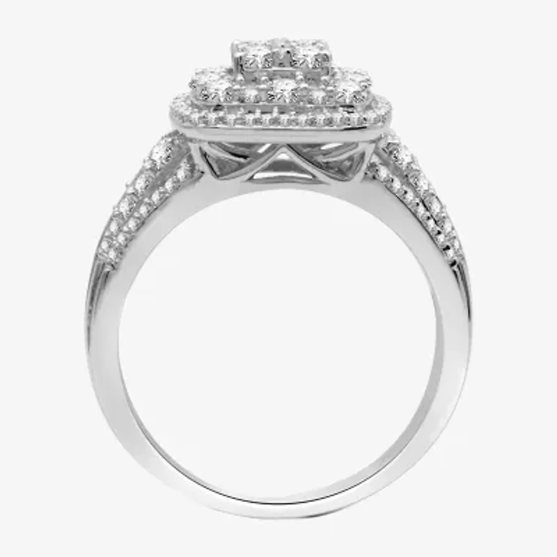 Womens 1 CT. T.W. Lab Grown White Diamond Sterling Silver Cushion Halo Side Stone Cocktail Ring