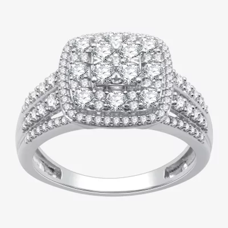 Womens 1 CT. T.W. Lab Grown White Diamond Sterling Silver Cushion Halo Side Stone Cocktail Ring