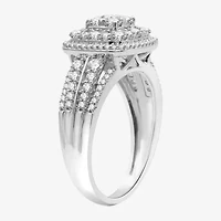 Womens 1 CT. T.W. Lab Grown White Diamond Sterling Silver Cushion Halo Side Stone Cocktail Ring