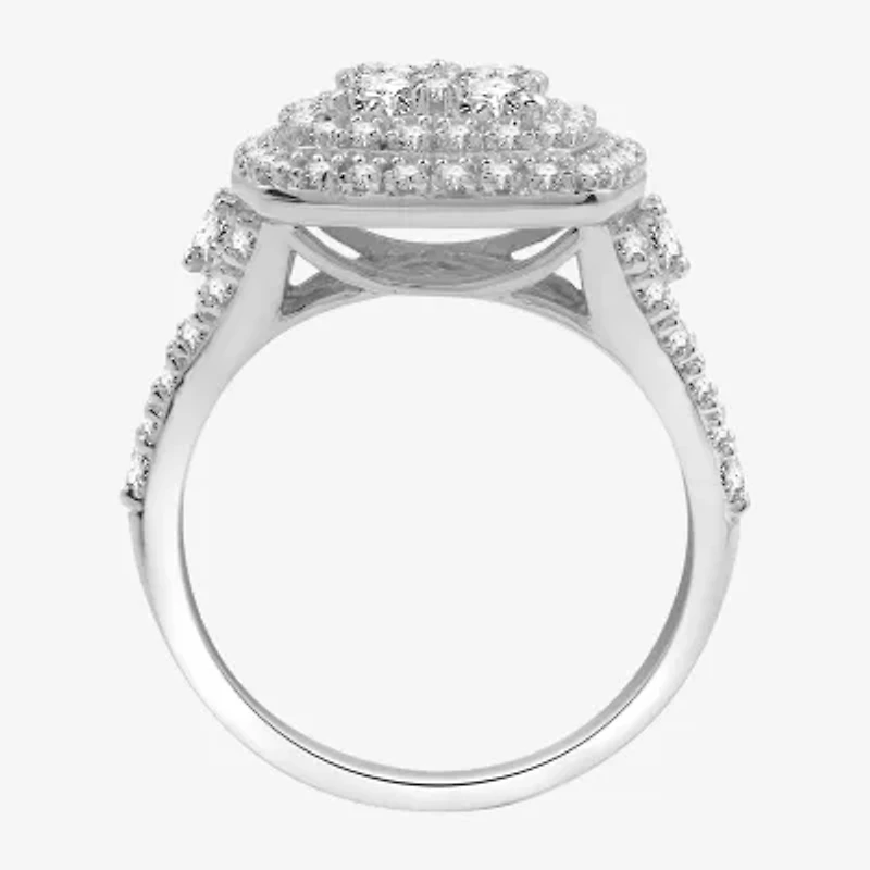 Womens 1 1/2 CT. T.W. Lab Grown White Diamond Sterling Silver Cushion Halo Side Stone Cocktail Ring