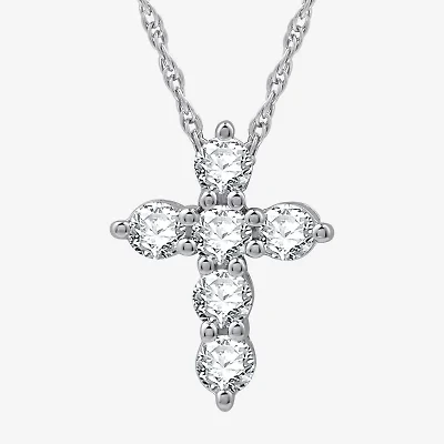 Womens 1/2 CT. T.W. Lab Grown White Diamond Sterling Silver Or 14K Gold Over Cross Pendant Necklace