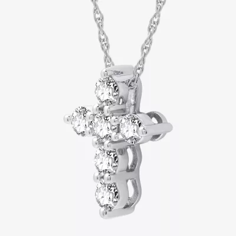 Womens 1/2 CT. T.W. Lab Grown White Diamond Sterling Silver Or 14K Gold Over Cross Pendant Necklace