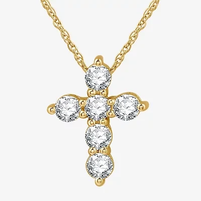 Womens 1 CT. T.W. Lab Grown White Diamond 14K Gold Over Silver Sterling Cross 18 Inch Pendant Necklace