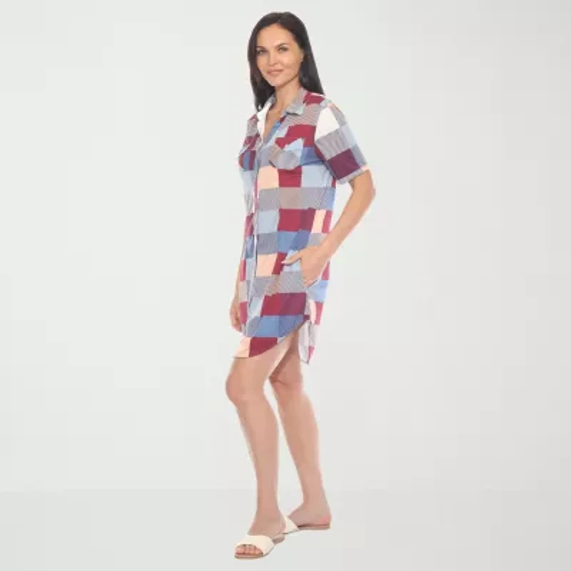 White Mark Womens Short Sleeve Plaid Shirt Dress