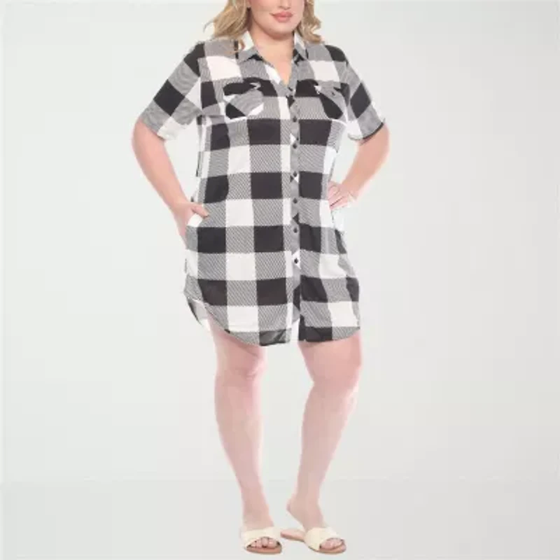 White Mark Womens Plus Short Sleeve Plaid Shirt Dress