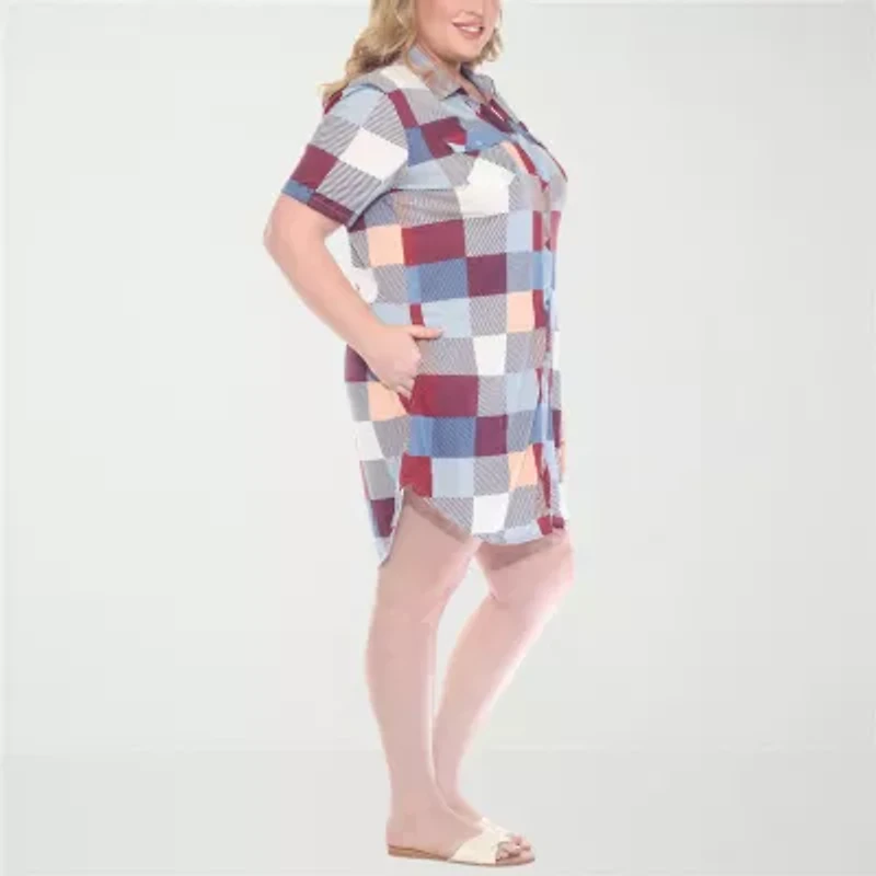 White Mark Womens Plus Short Sleeve Plaid Shirt Dress