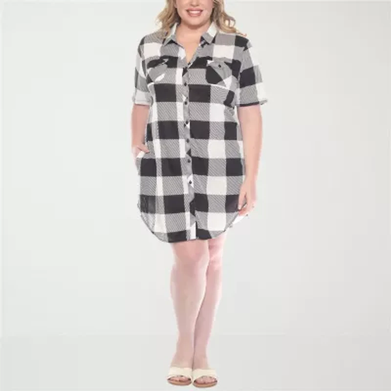 White Mark Womens Plus Short Sleeve Plaid Shirt Dress