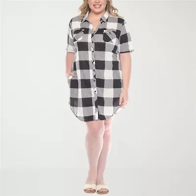 White Mark Womens Plus Short Sleeve Plaid Shirt Dress