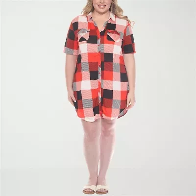 White Mark Womens Plus Short Sleeve Plaid Shirt Dress