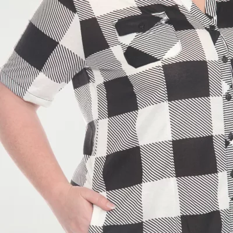 White Mark Womens Plus Short Sleeve Plaid Shirt Dress