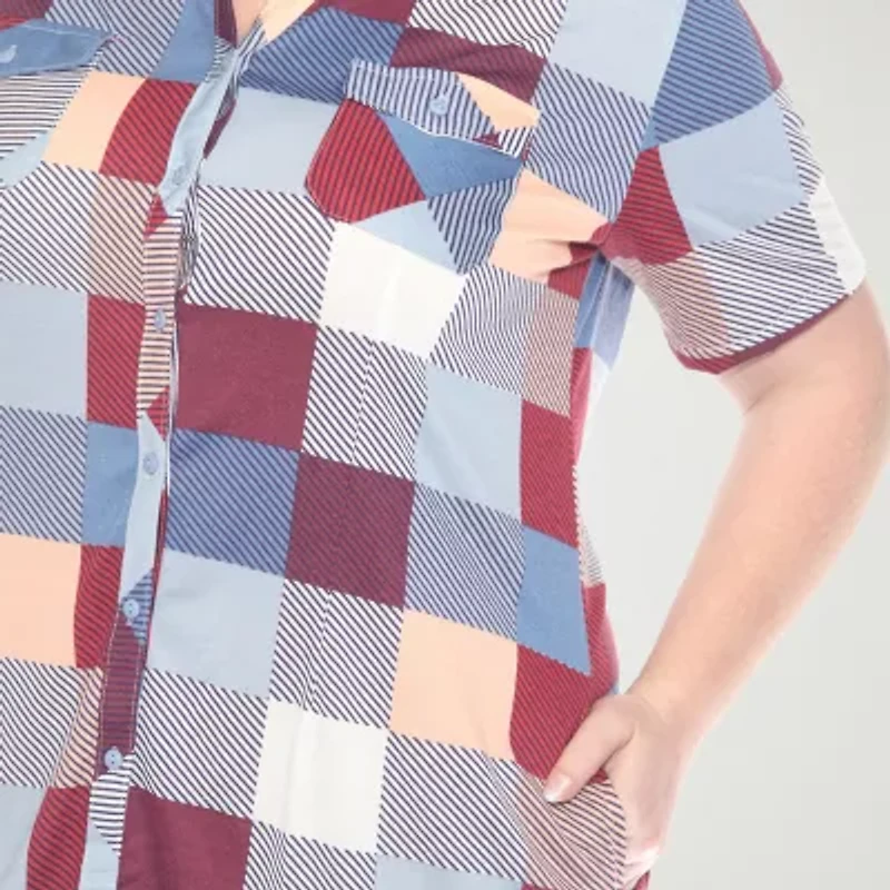 White Mark Womens Plus Short Sleeve Plaid Shirt Dress