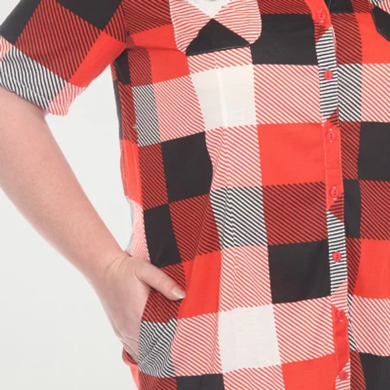 White Mark Womens Plus Short Sleeve Plaid Shirt Dress