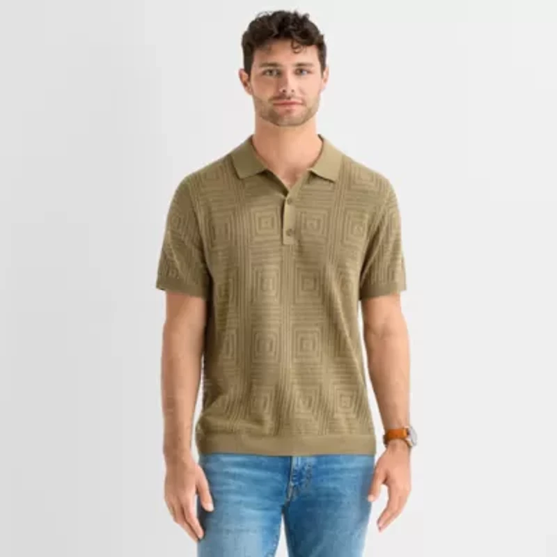 mutual weave Mens Short Sleeve Button Polo Sweater