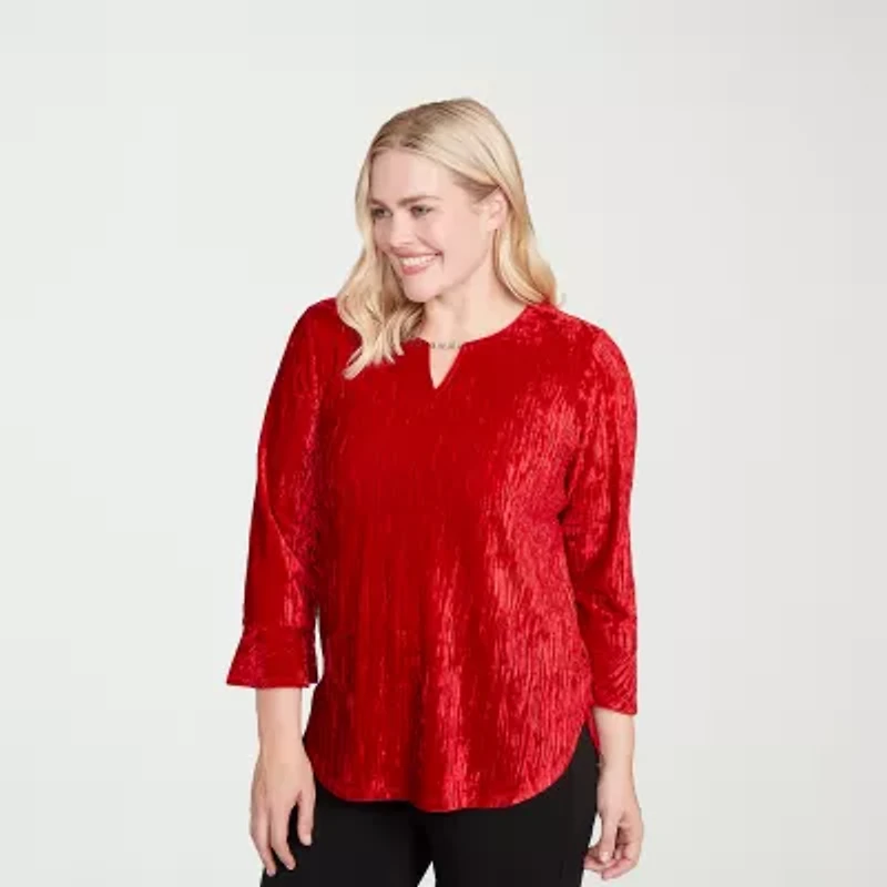 Alfred Dunner Jet Setter Womens Crew Neck 3/4 Sleeve T-Shirt