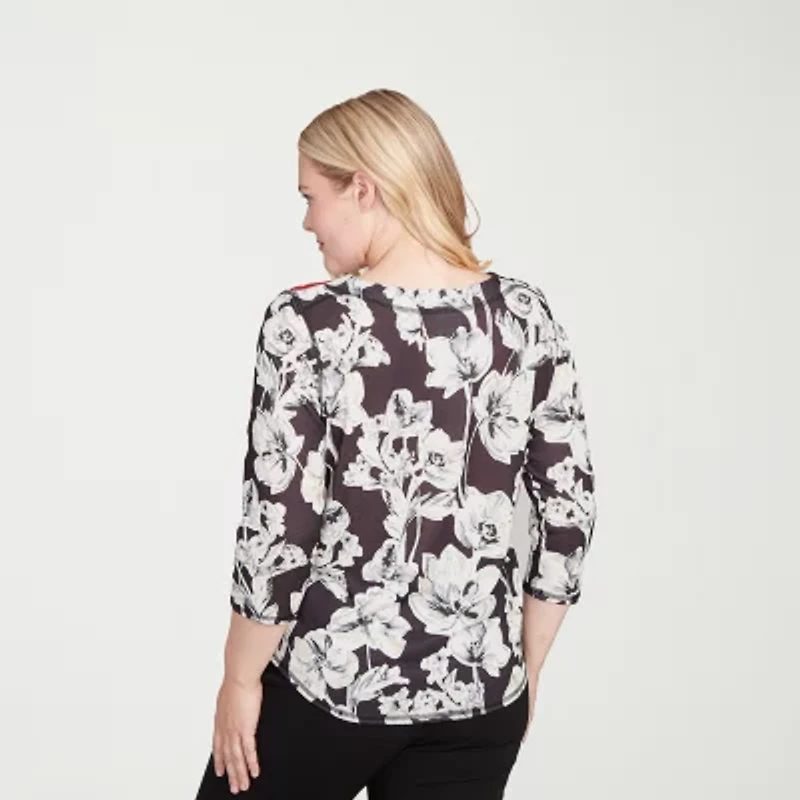 Alfred Dunner Jet Setter Womens Boat Neck 3/4 Sleeve T-Shirt