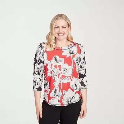 Alfred Dunner Jet Setter Womens Boat Neck 3/4 Sleeve T-Shirt