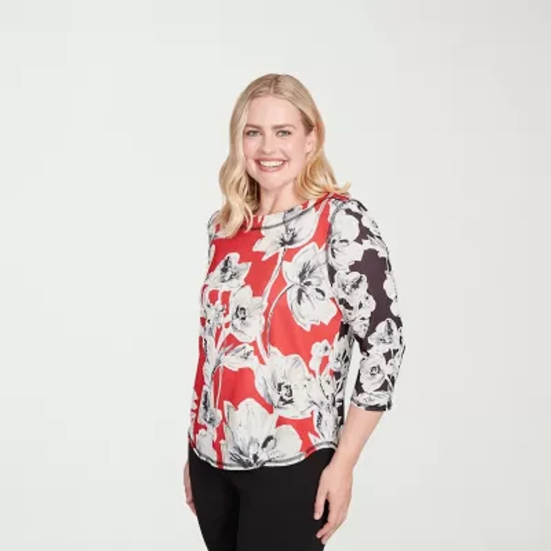 Alfred Dunner Jet Setter Womens Boat Neck 3/4 Sleeve T-Shirt