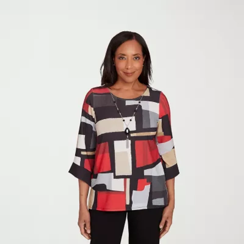 Alfred Dunner Jet Setter Womens Crew Neck 3/4 Sleeve T-Shirt