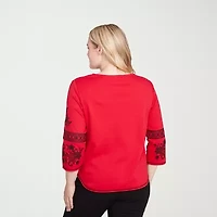 Alfred Dunner Jet Setter Womens Split Crew Neck 3/4 Sleeve T-Shirt