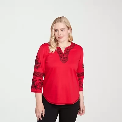 Alfred Dunner Jet Setter Womens Split Crew Neck 3/4 Sleeve T-Shirt