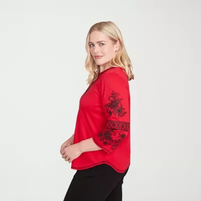 Alfred Dunner Jet Setter Womens Split Crew Neck 3/4 Sleeve T-Shirt